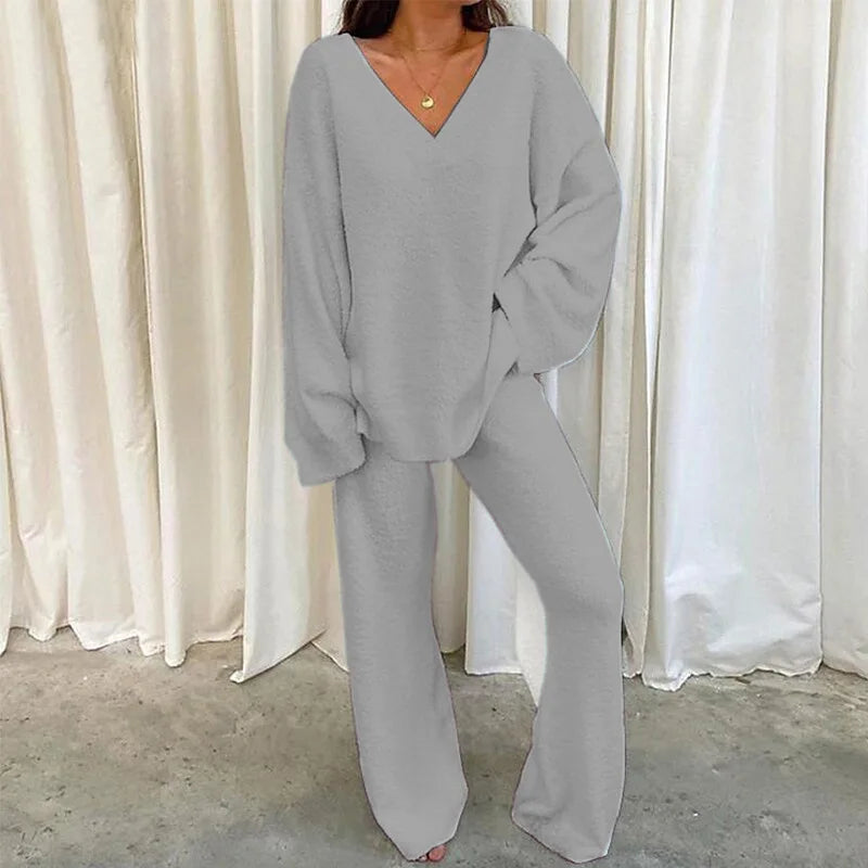 V-Neck Lounge Set: Long Sleeve Pullover & Pants