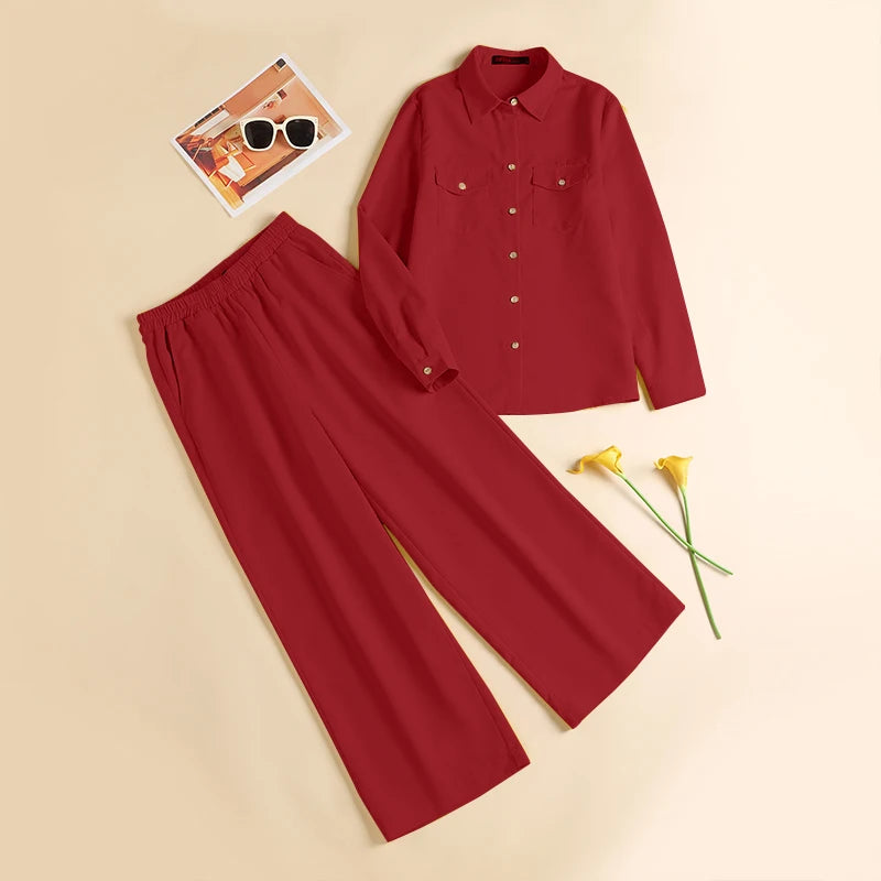 Elegant Office Set: Button-Down Shirt & Wide Leg Trousers