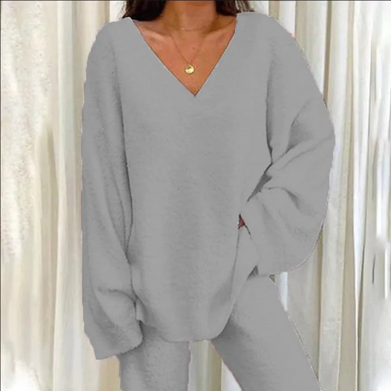 V-Neck Lounge Set: Long Sleeve Pullover & Pants