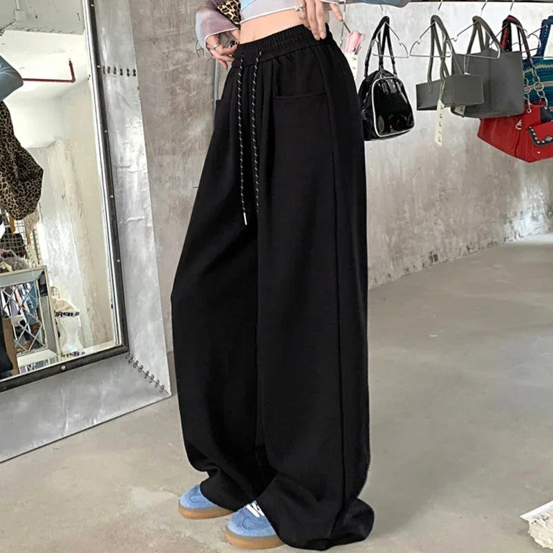 High-Waisted Wide Leg Drawstring Trousers - Korean Style