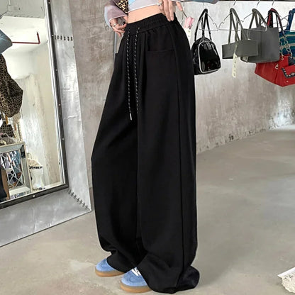 High-Waisted Wide Leg Drawstring Trousers - Korean Style