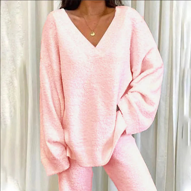 V-Neck Lounge Set: Long Sleeve Pullover & Pants