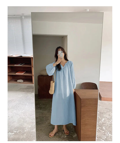 Vintage 100% Cotton V-Neck Loungewear Dress - Long Sleeve