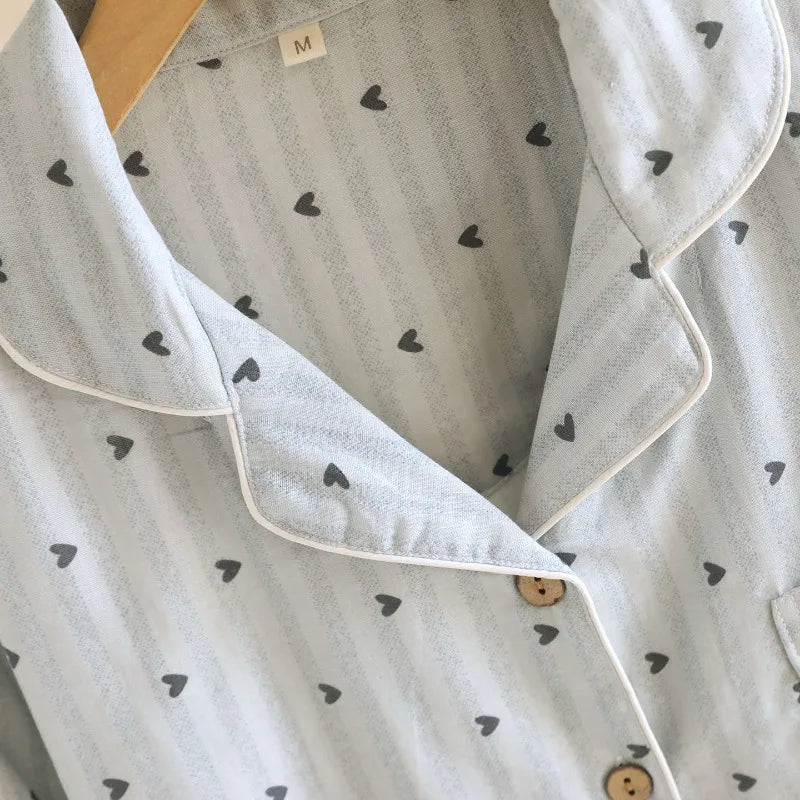 Cotton Gauze Lounge Set: Vertical Stripe & Heart Motif