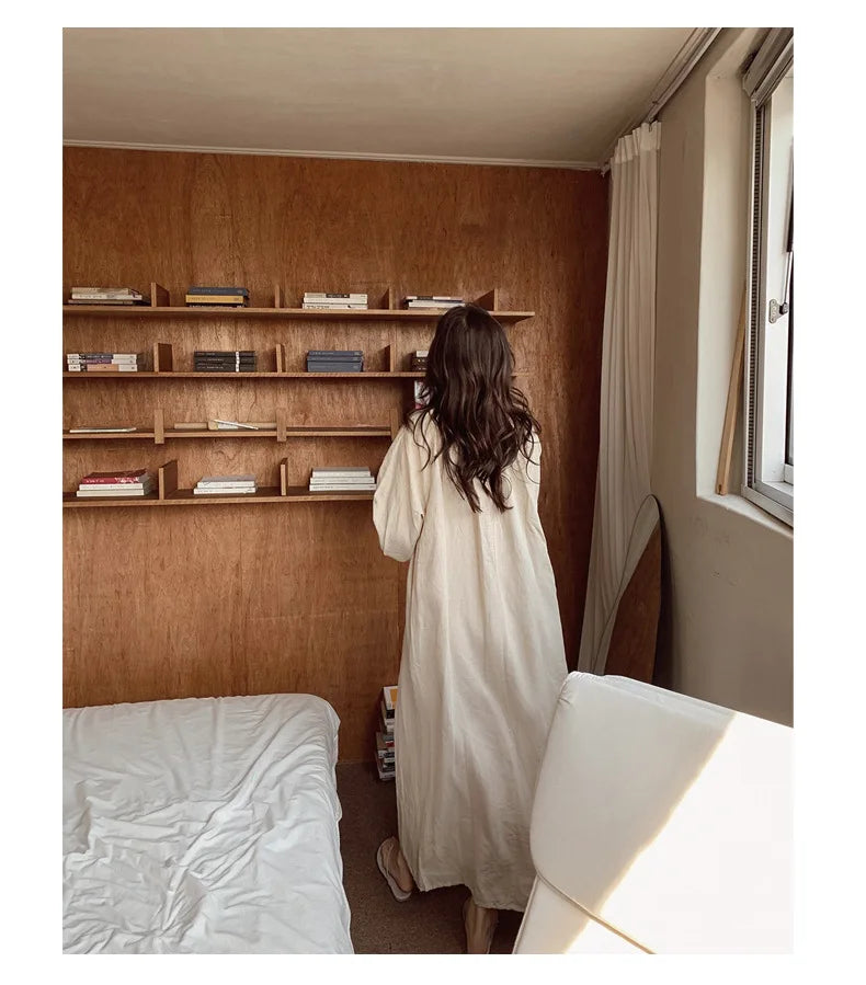 Vintage 100% Cotton V-Neck Loungewear Dress - Long Sleeve