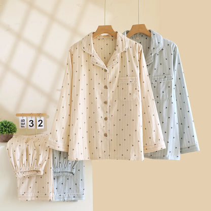 Cotton Gauze Lounge Set: Vertical Stripe & Heart Motif