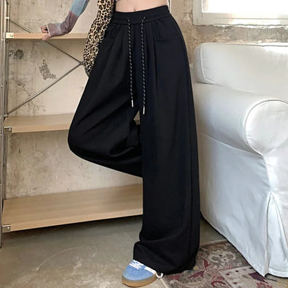 High-Waisted Wide Leg Drawstring Trousers - Korean Style