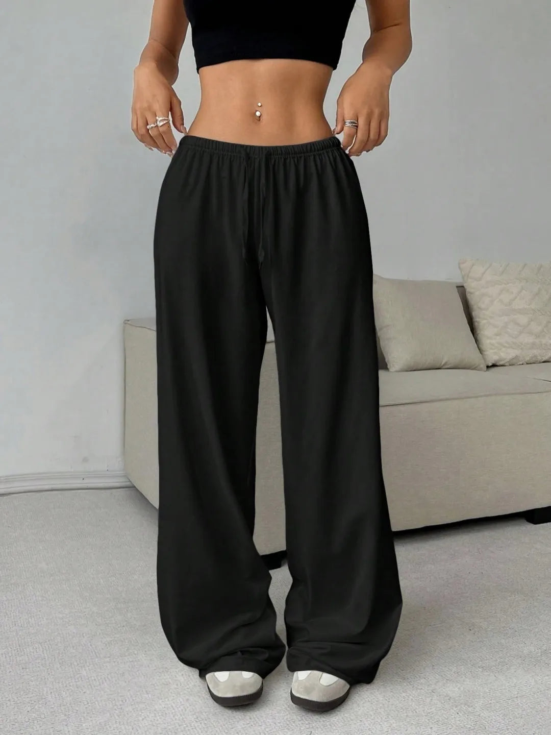 High-Waist Elastic Tie Wide Leg Trousers - Casual Lounge Pants