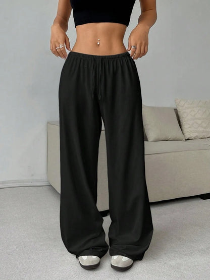 High-Waist Elastic Tie Wide Leg Trousers - Casual Lounge Pants