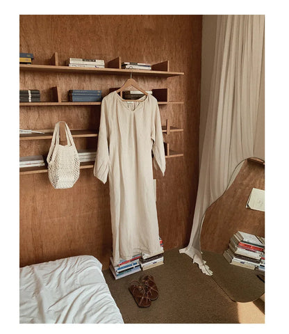 Vintage 100% Cotton V-Neck Loungewear Dress - Long Sleeve