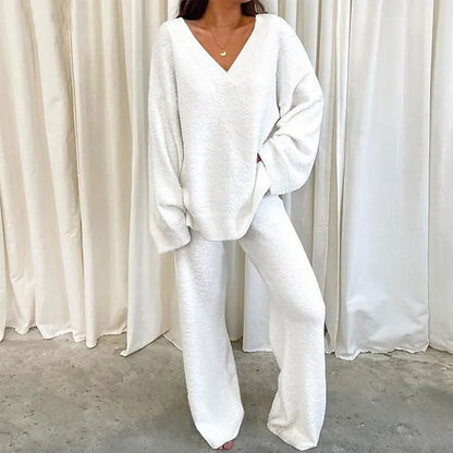 V-Neck Lounge Set: Long Sleeve Pullover & Pants