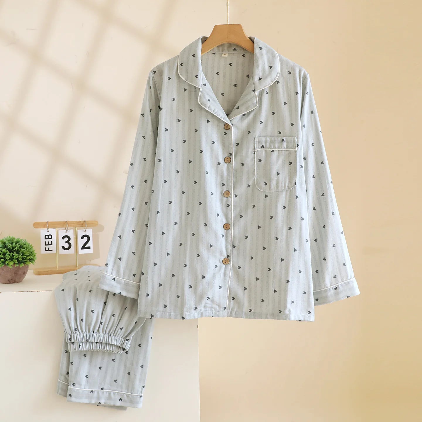 Cotton Gauze Lounge Set: Vertical Stripe & Heart Motif