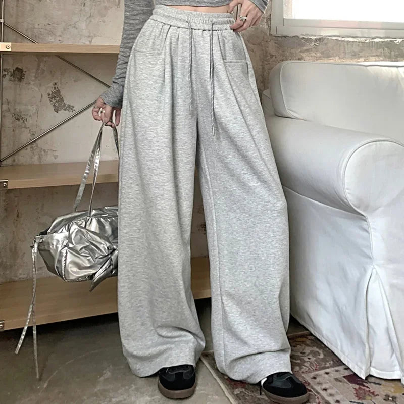 High-Waisted Wide Leg Drawstring Trousers - Korean Style