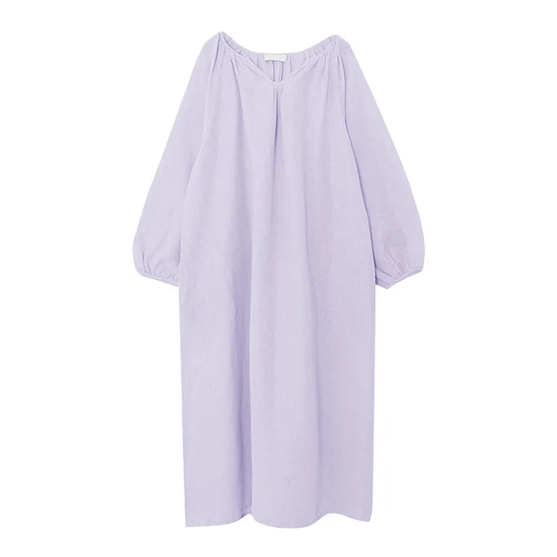 Vintage 100% Cotton V-Neck Loungewear Dress - Long Sleeve