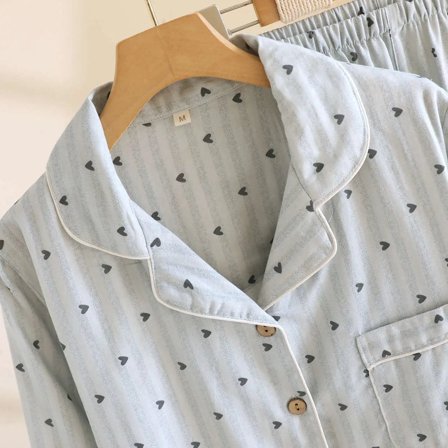 Cotton Gauze Lounge Set: Vertical Stripe & Heart Motif