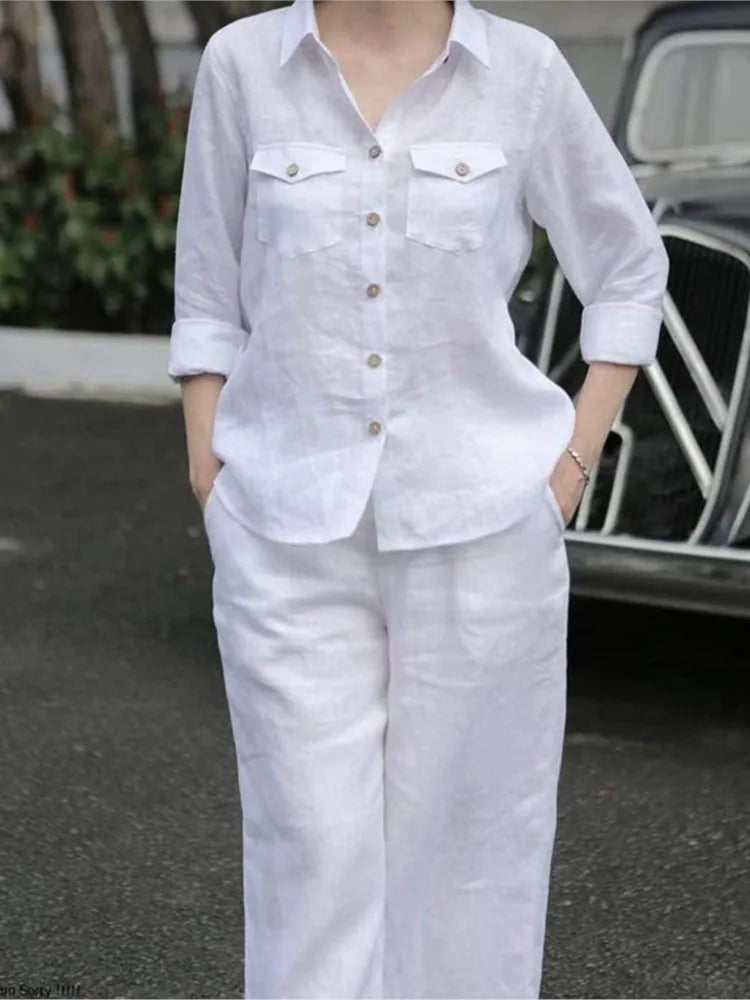 Elegant Office Set: Button-Down Shirt & Wide Leg Trousers