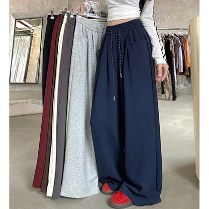 High-Waisted Wide Leg Drawstring Trousers - Korean Style