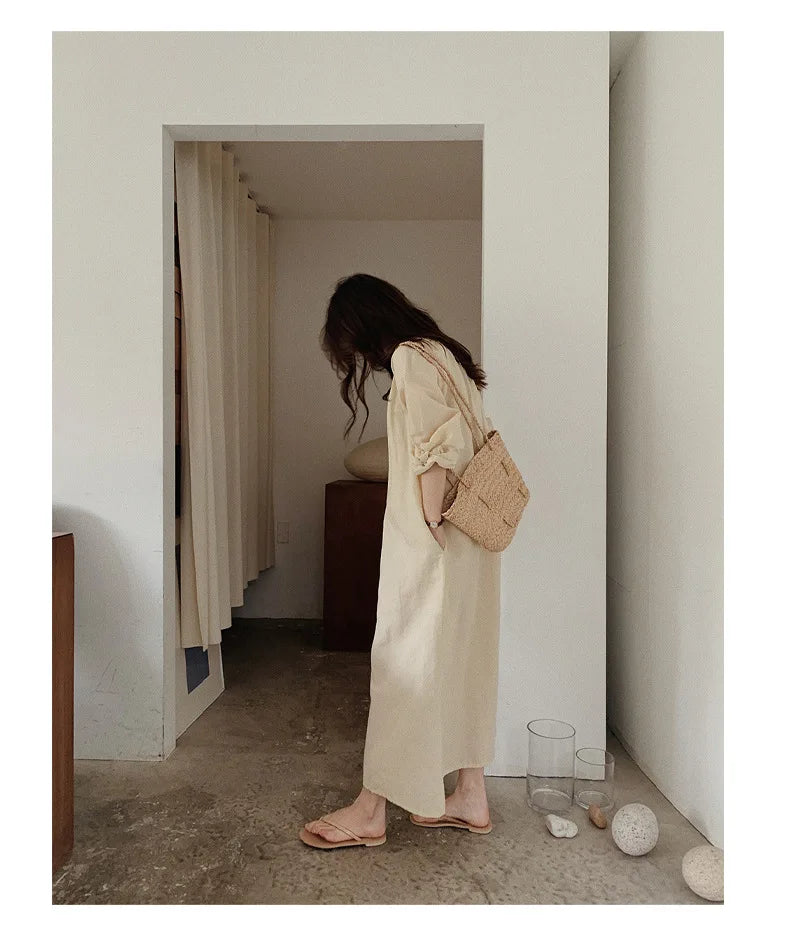 Vintage 100% Cotton V-Neck Loungewear Dress - Long Sleeve