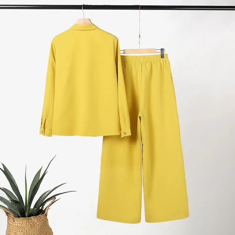 Elegant Office Set: Button-Down Shirt & Wide Leg Trousers