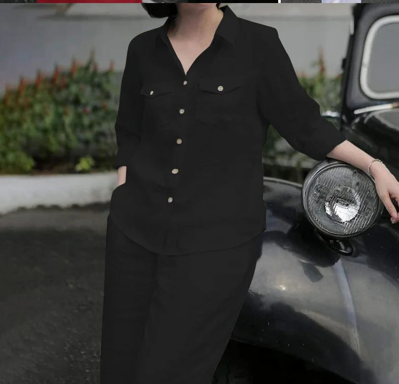 Elegant Office Set: Button-Down Shirt & Wide Leg Trousers