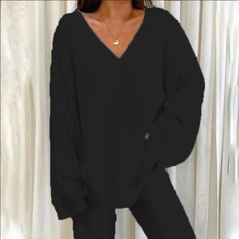 V-Neck Lounge Set: Long Sleeve Pullover & Pants