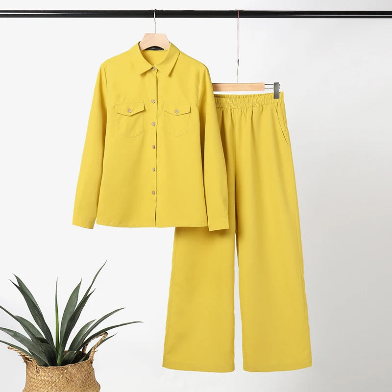 Elegant Office Set: Button-Down Shirt & Wide Leg Trousers