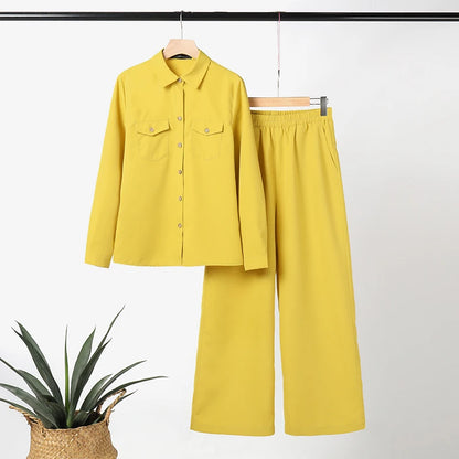 Elegant Office Set: Button-Down Shirt & Wide Leg Trousers