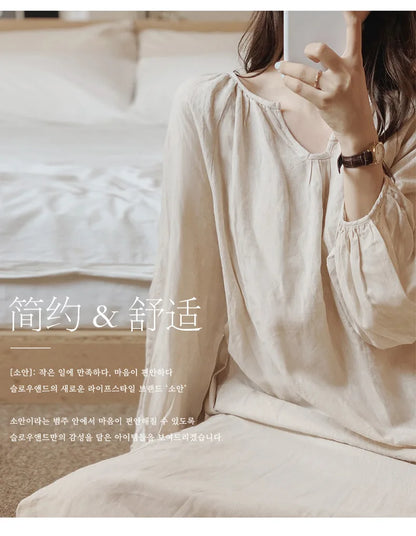 Vintage 100% Cotton V-Neck Loungewear Dress - Long Sleeve