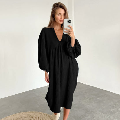 Autumn Long Sleeve Sleep Dress with V-Neck for Women