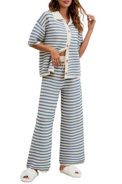Moreone Womens Pajama Sets Striped Short Sleeve 2 Piece Lounge Sets Crochet Knit Button Top And Wide Leg Pants Blue L